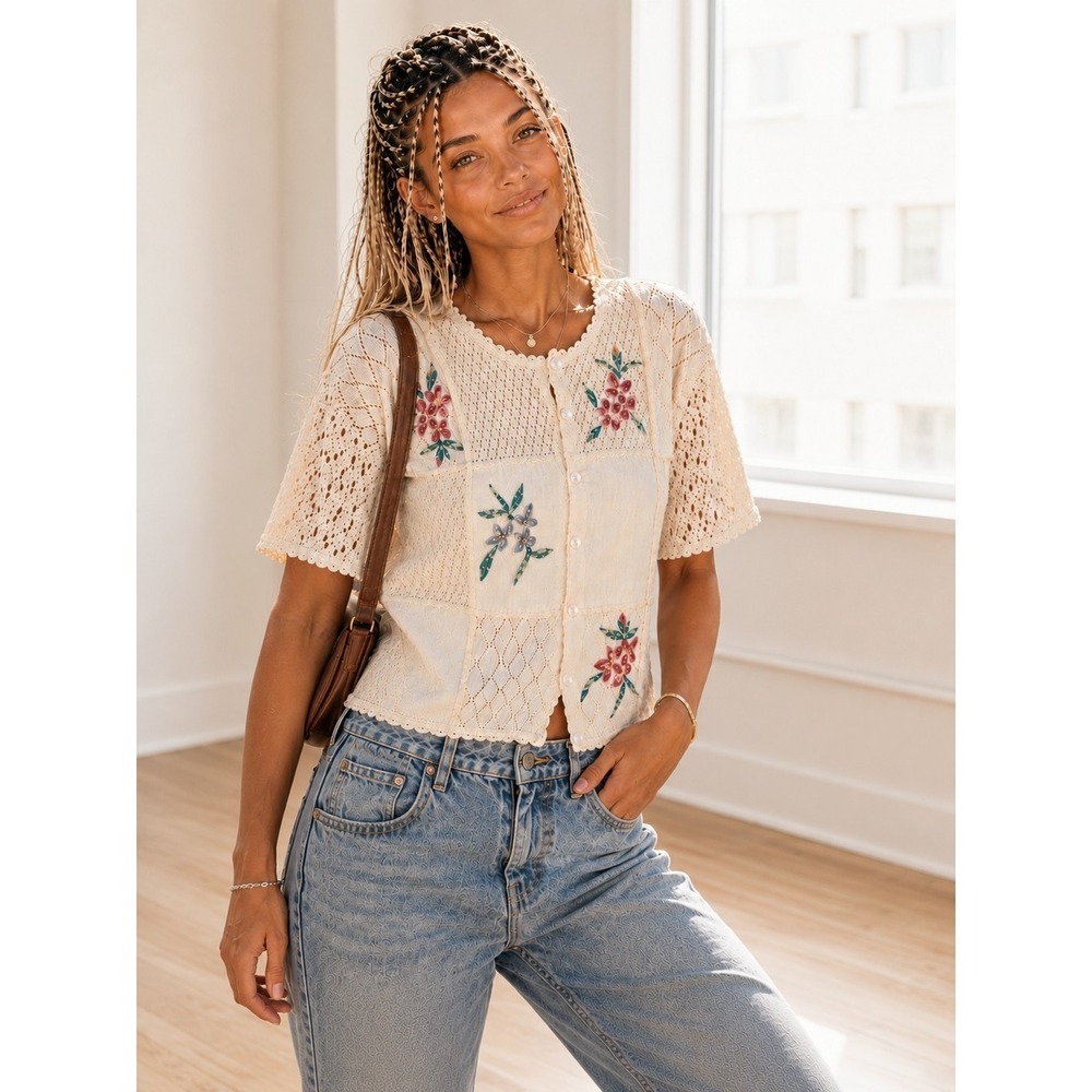 Vintage 90s Top Crochet Embroidered Floral Boxy Feminine Romantic Patchwork